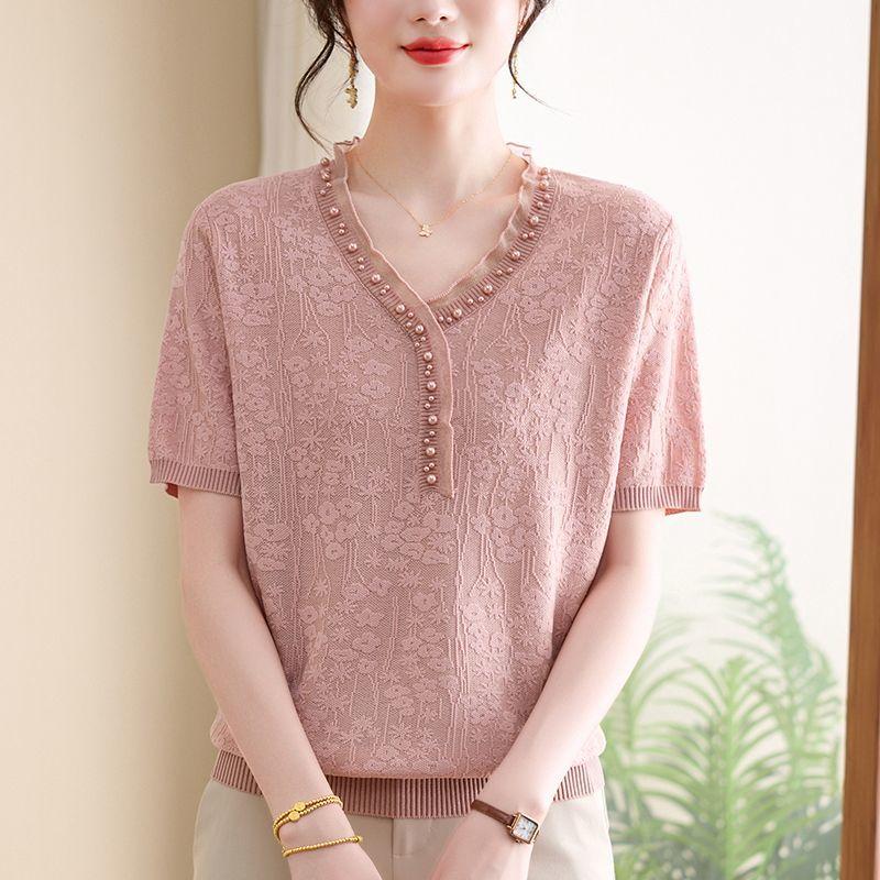 Loose Ice Silk Knitted T-shirt for Women Summer Design Stylish New Thin Style Short Sleeve Top