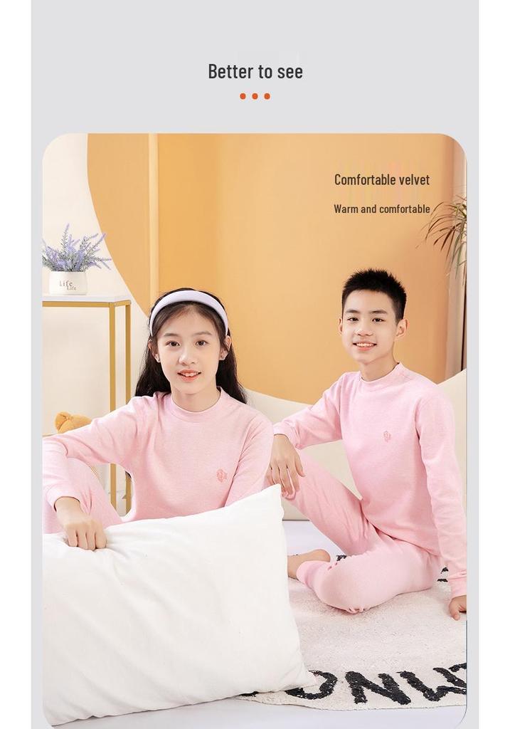 Velvet Warm Underwear Set for Junior High Teens - Half-High Collar Top & Pants
