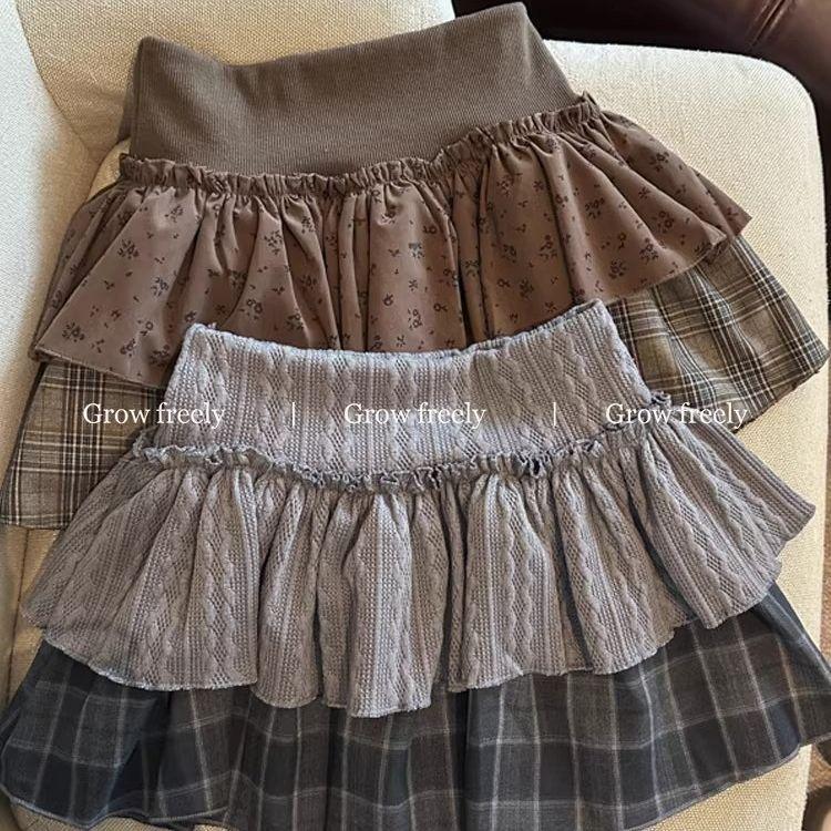 

Hot Girl Floral Plaid A-Line Puffy Skirt - Double Layered, High Waist for Autumn/Winter XL (recommended 121-130 jin)