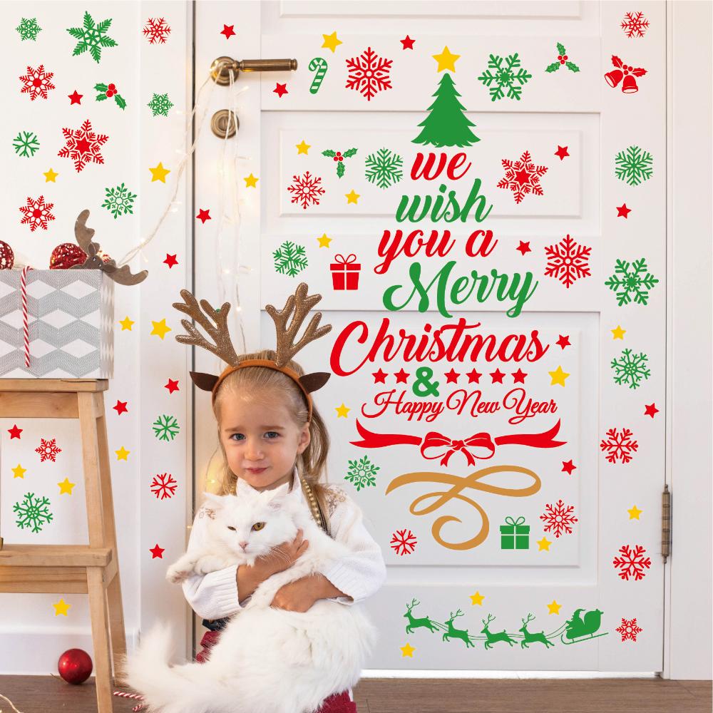 Christmas Wall Stickers Xmas Tree Candy Snowflake Pattern Self-adhesive PVC Sticker New Year Party Wall Window Decoration Decals