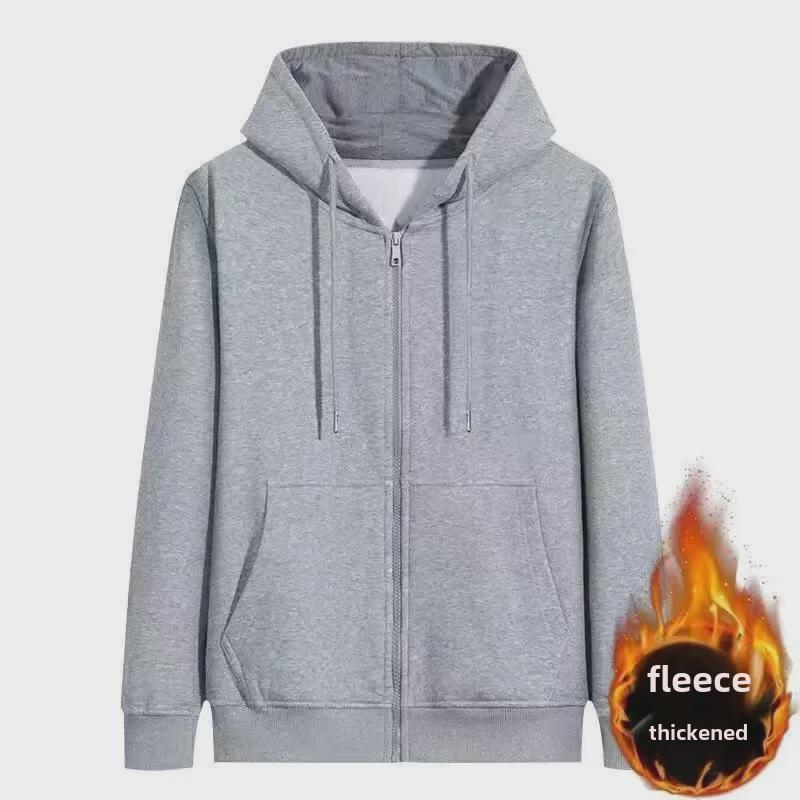 Men's Gray Thick Velvet Hooded Sports Cardigan - Autumn/Winter Casual Large Size Jacket