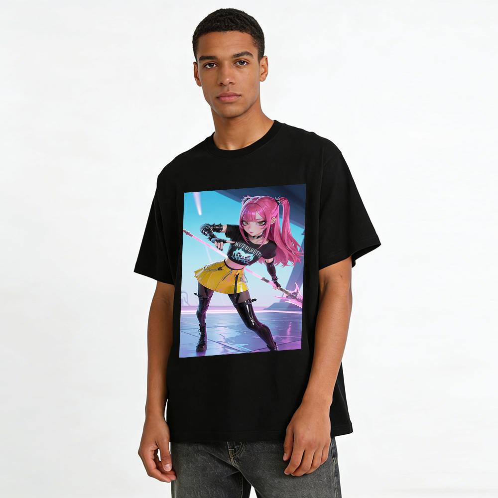 Cool Girl Pink Hair Anime Print Short Sleeve T-shirt Street Y2K E-girl Casual Loose Top Pure cotton T-shirt