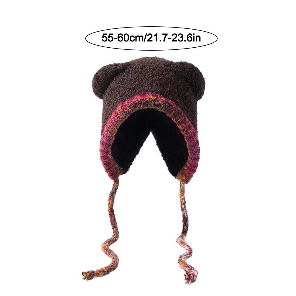 Fashion Bear Ear Knitted Woolen Hat Windproof Thickened Beanies Cap Keep Warm Ear Protection Cap for Women