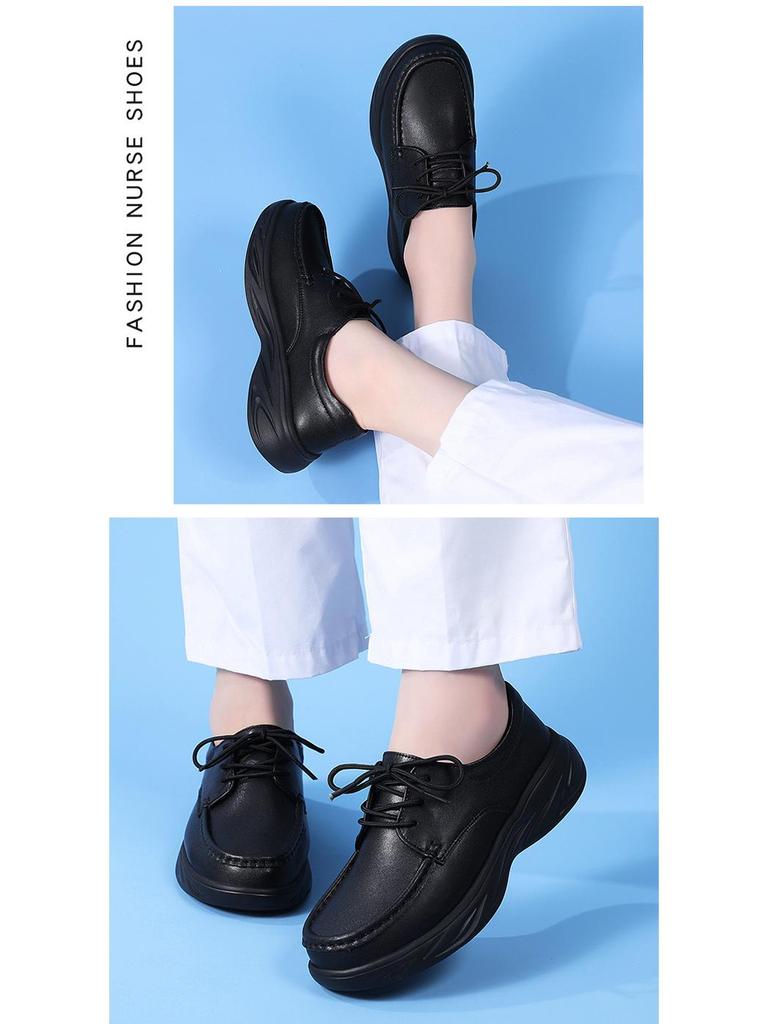 Women's Genuine Leather Lace-up Nurse Shoes - Soft Sole, Non-slip, Breathable, and Comfortable for Hospital Work