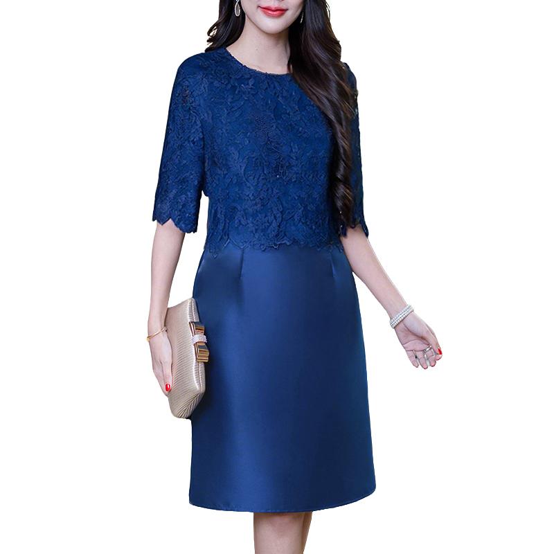 

ZANZEA Women Casual Round Neck 3/4 Sleeve Elegant Embroidery Patchwork Dress 3XL