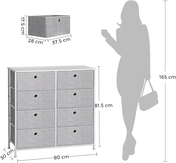 SONGMICS Chest of Drawers, Storage Unit with 8 Easy Pull Fabric Drawers, Dresser, Organiser Unit with Metal Frame, Tabletop, for Closet, Nursery