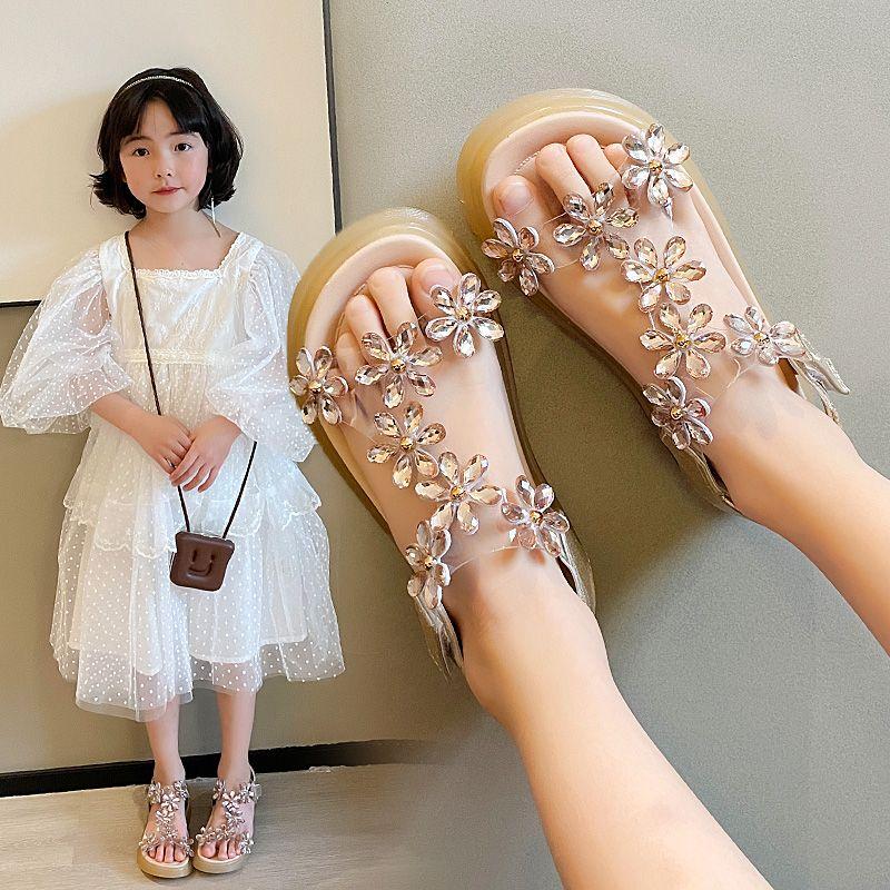

Сандалии для девочек, летние пляжные сандалии на мягкой подошве для девочек, нескользящие повседневные легкие сандалии принцессы с украшением в виде кристаллов и цветов 36