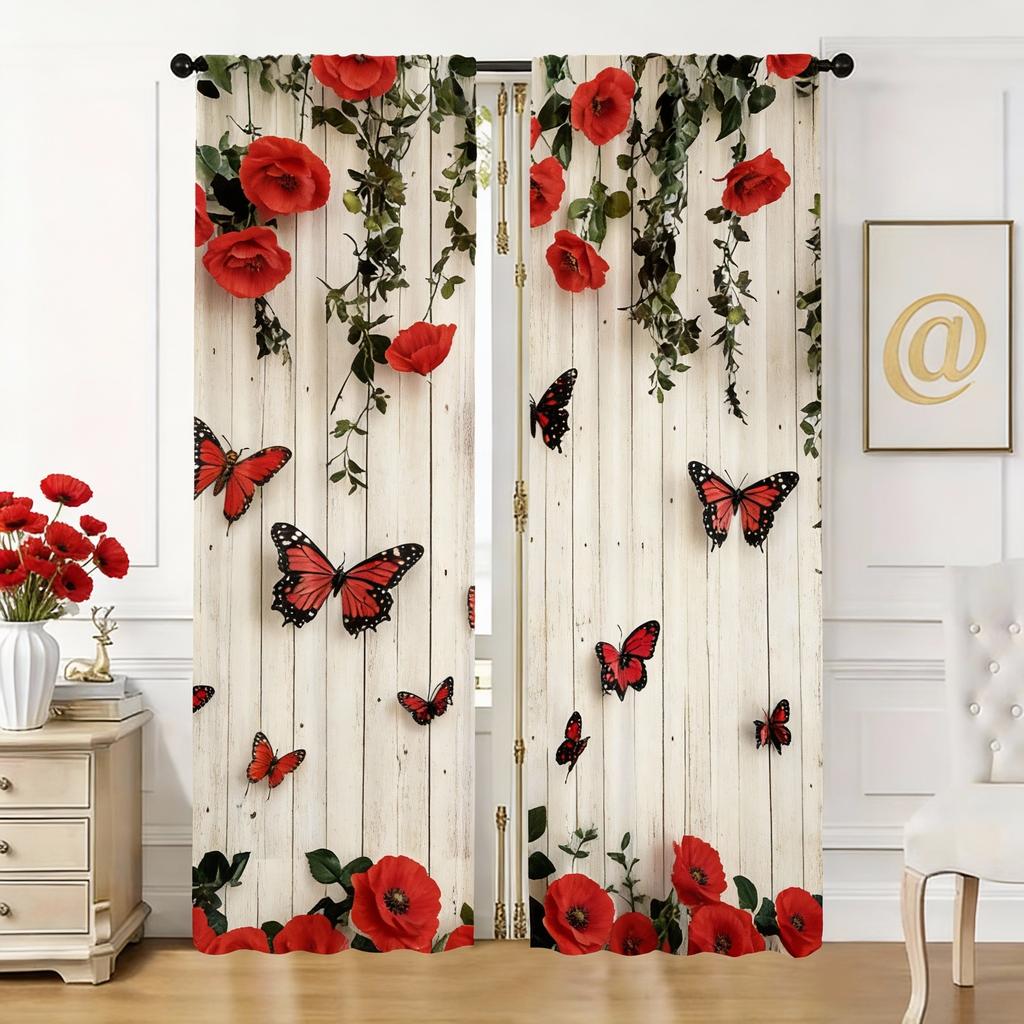Schmetterling und Rose Verdunkelungsvorhänge 2 Stück – Schwarze Silhouette auf Rosa Blumigem Hintergrund, Romantische Schlafzimmer- oder Wohnzimmerdekoration