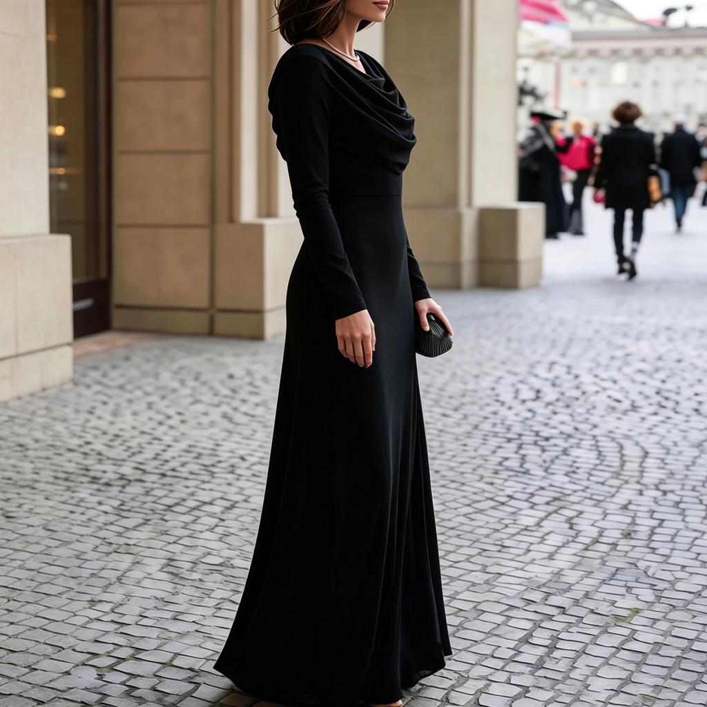 Damen Maxikleid mit langen Ärmeln und Schalkragen für formelle Abendbankette & Party-Garderobe