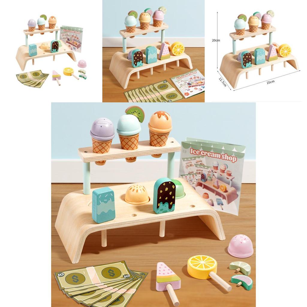Wooden Simulation Ice Cream Shelf Children Puzzle Interactive Toy For Imaginative Role Play