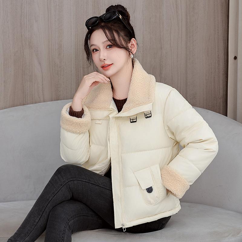 

Женская короткая зимняя куртка с лацканами из овечьей шерсти XXL бежевый