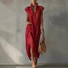 Women Stand Collar Sleeveless Dress Deep V Neck Side Slit Tunic Dress Casual Vacation Long Dress with Pockets