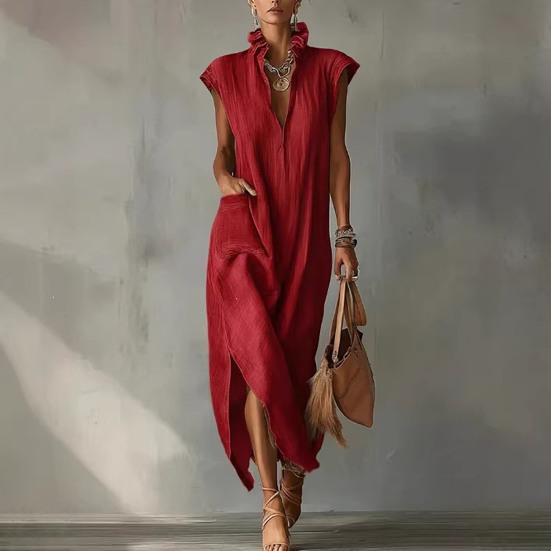 Women Stand Collar Sleeveless Dress Deep V Neck Side Slit Tunic Dress Casual Vacation Long Dress with Pockets