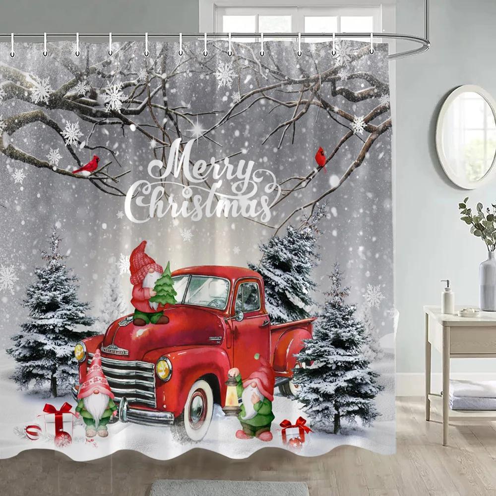 Zima Vánoce Sprchový závěs Legrační sněhulák Xmas Trees Krbové auto Lesní Snowy Scéna Nový rok Holiday Home Dekorace koupelny