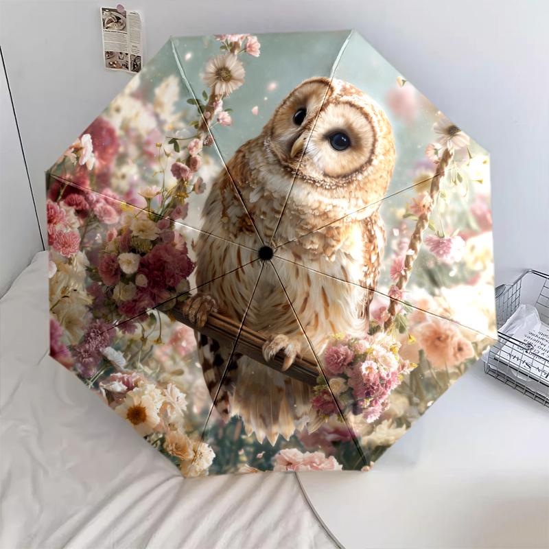 Owl and Flower pattern, automatic folding umbrella, portable and foldable design, 8 ribs, a Christmas or birthday gift.