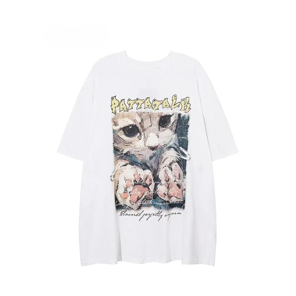 American Retro Original Trendy Brand Cat Print Short Sleeved Men's Top Summer Oversized Loose Couple T-shirt Women Summer Loose