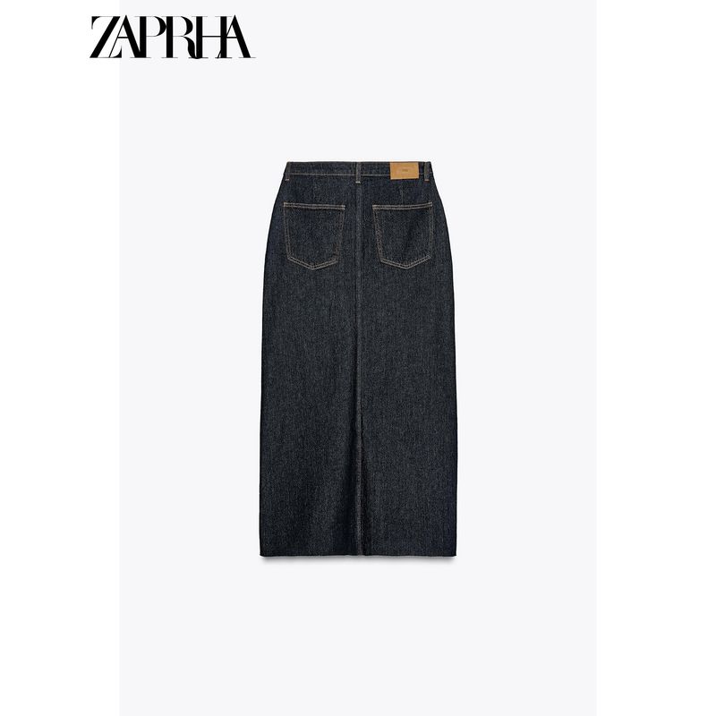 Zaprha 2025 New Arrival Straight Split Dark Blue High Waist Simple Midi Skirt Denim Skirt Slim Looking 8228023