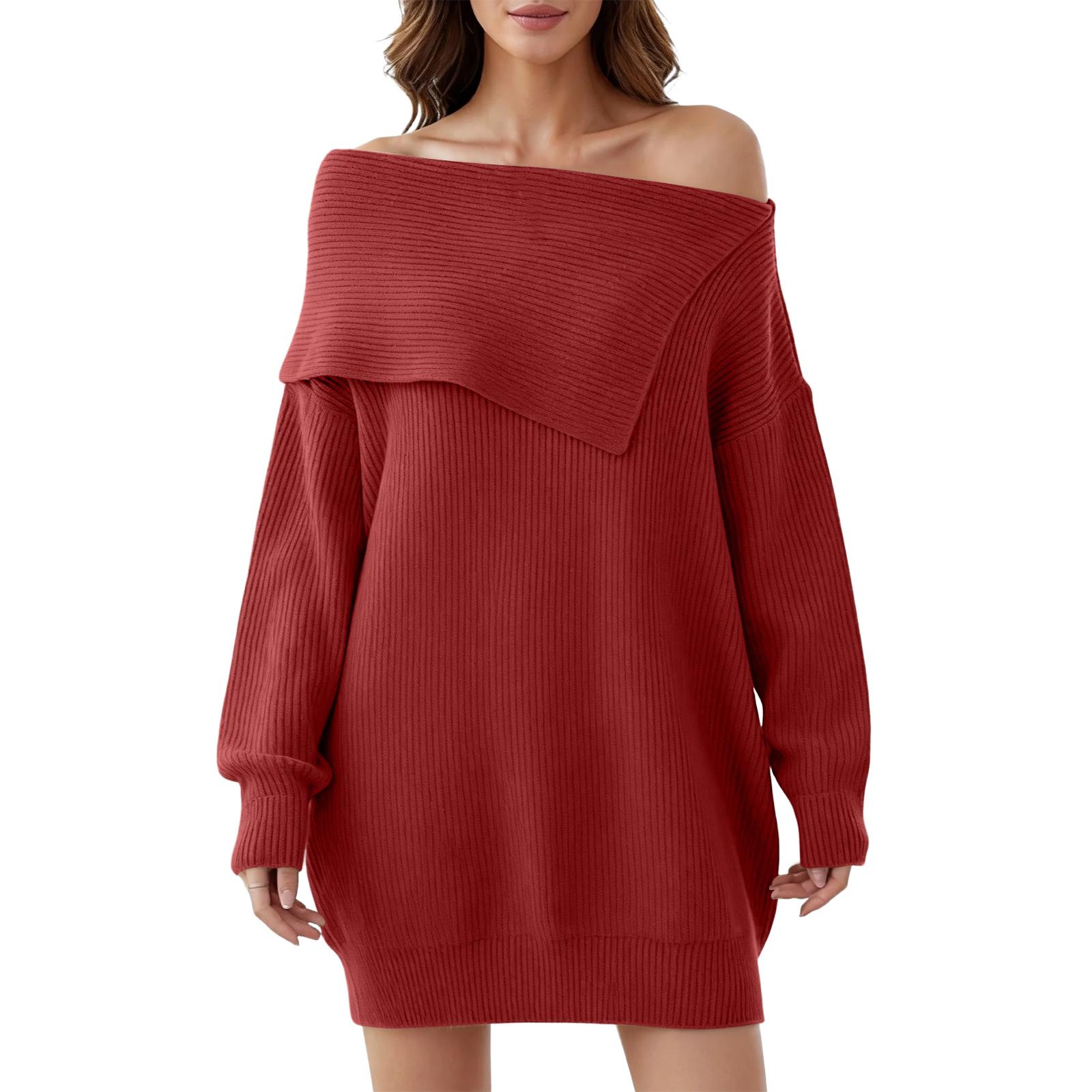 

Women s Folded Collar Off-Shoulder Long-Sleeve Knit Dress One Size красный
