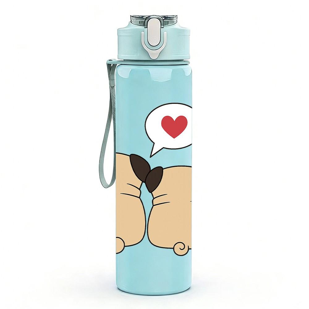 1PC Couple Pug Dogs Love Heart 750ml Color Plastic Sports Water Bottle Leakproof Flip Straw Lid Suitable for Sports Office Home Use