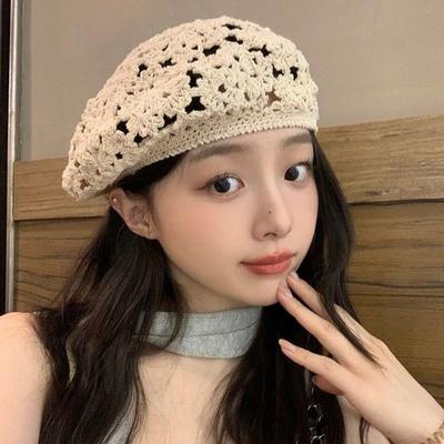Thin Flower Hat Japanese Style Crochet Knitted Cap Painter Hat Hollowed Out Beret  Women