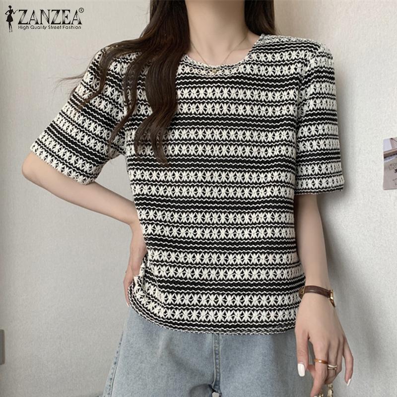 

ZANZEA Женская летняя жаккардовая блузка с короткими рукавами и круглым вырезом Топы