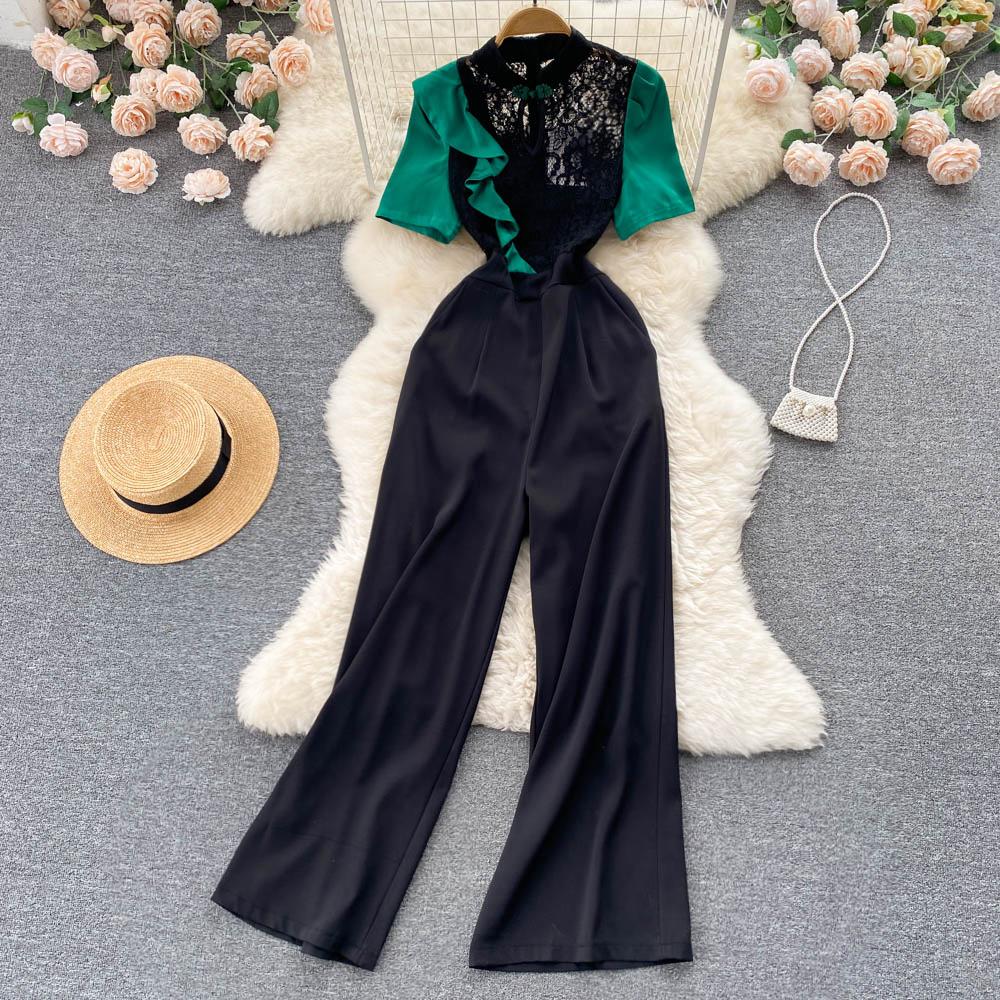 

RUGOD Комбинезон Лето Богиня Вентилятор Ретро Cheongsam Дизайн воротника Чувство листа лотоса Кружевная строчка Узкие широкие брюки Длинные брюки