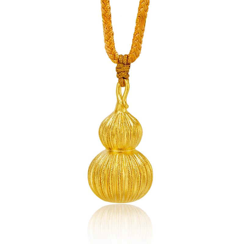 Ancient Gold Filigree Striped Gourd Pendant with Fu Lu Charm – Chinese Style Sweater Chain