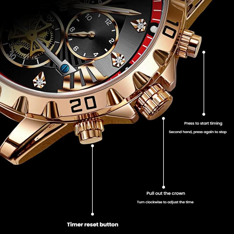 Men's Fashion Luminous Quartz Watch Three Eye Timing Moon Phase Dial Waterproof Multifunctional Fashionable Flywheel Watch