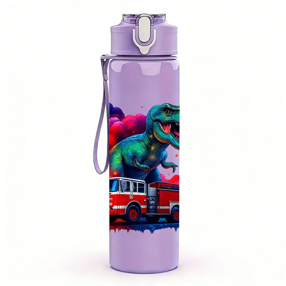 1PC Colorful Dino Truck Art Pattern 750ml Color Plastic Sports Water Bottle Leakproof Flip Straw Lid Suitable for Sports Office Home Use