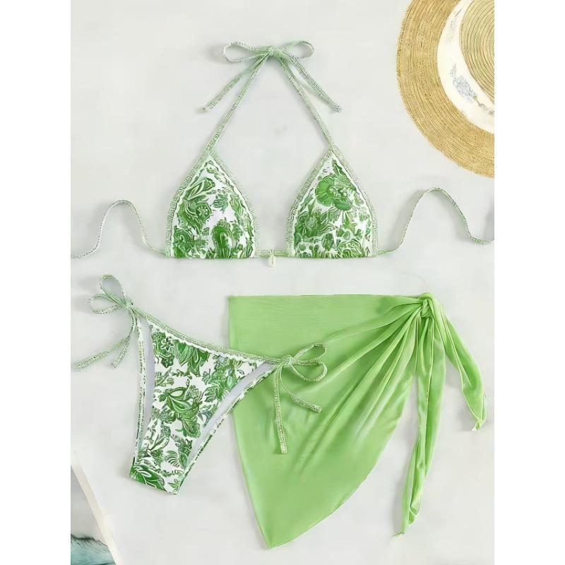 Women's Pink Paisley 3 Piece Bikini Set Halter Triangle Swimsuit With Cover Up Skirt