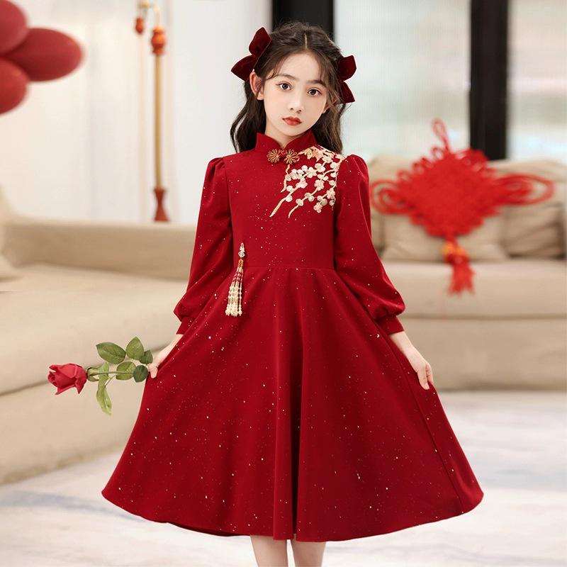 Fashionable Red New Year Princess Dress for Girls, Medium-Large, Autumn/Winter Lady-like Style