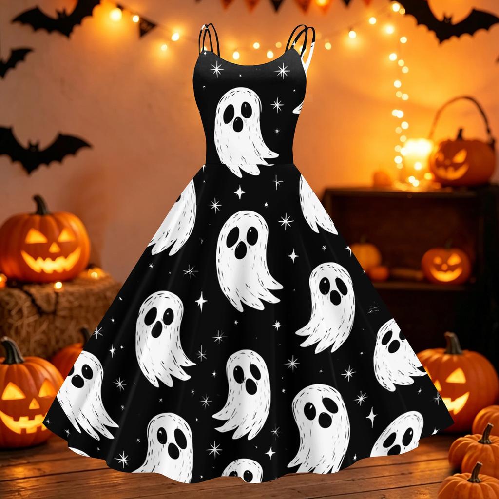 Dámské Halloweenské Tisk Off Shoulder Šaty Vintage Punk Styl Rozšířená Sukně Bez Rukávů Neformální Párty Šaty