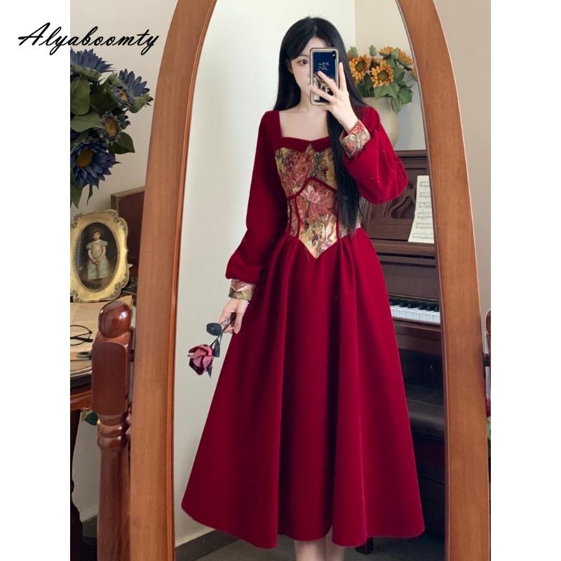 Plus Size Autumn Winter Women Red Velvet Midi Dress Square Collar Jacquard Patchwork Vintage Dress Long Sleeve Elegant Party Dress