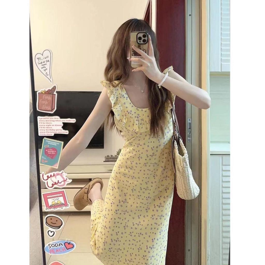 French retro floral medium and long dress women's clothing autumn new temperament holiday square collar ruffle A-shaped skirt