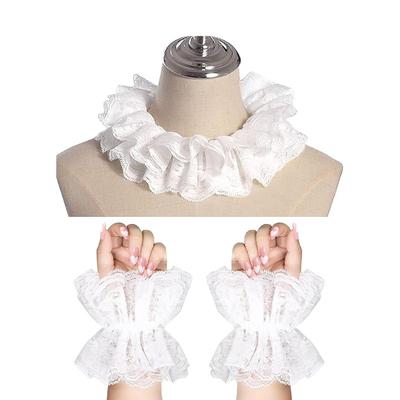 Damen Weiß Spitze Handschuhe Doppellagig Weiß Ärmel Spitze Accessoires Falscher Kragen