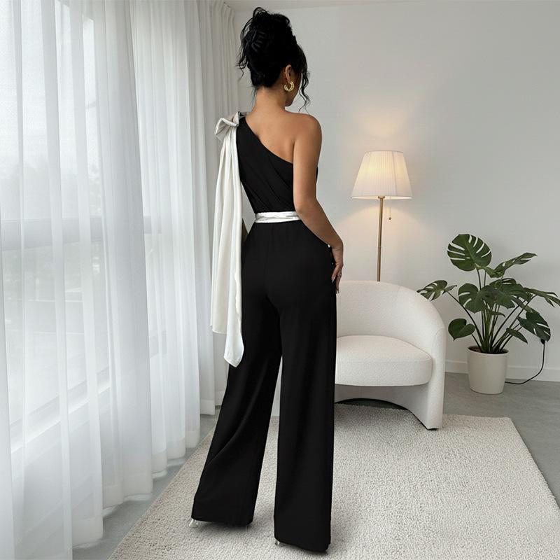 New Elegant One-piece Jumpsuit with Bow and One-shoulder Wide-leg Jumpsuit