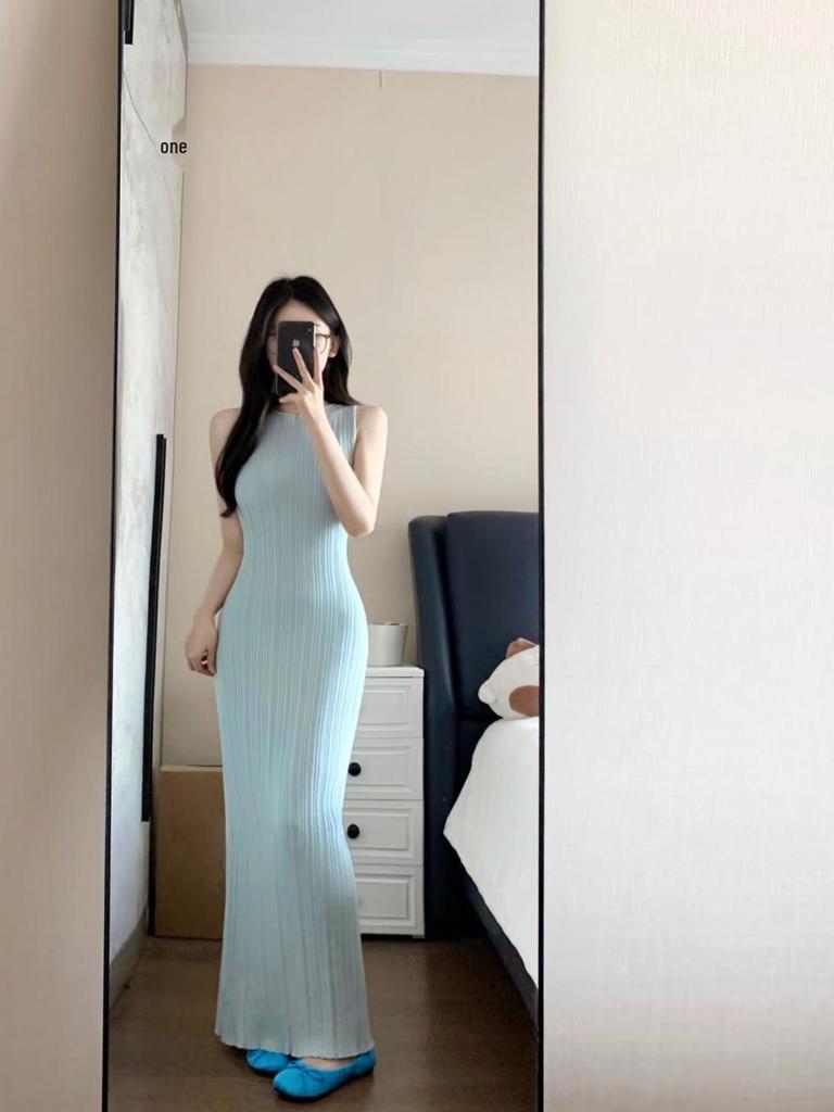 Women's French Style Sleeveless Knit Dress: Waist-Cinching Slim Fit, Summer Hip-Hugging Long Skirt