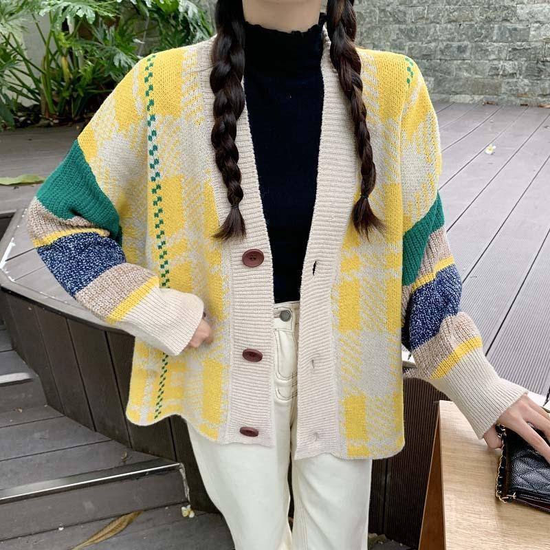 Autumn and Winter New Lazy Wind Contrasting Colors Knitted Cardigan Design Sense Loose and Thin Temperament Long-sleeved Sweater Women's Trend