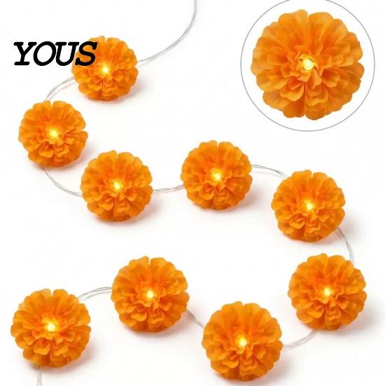 Seasonal Festival Embellishments 10FT LED Chrysanthemum String Light, Battery Operated Artificial Marigold Garland Realistic Flower Shape Lamps Fairy