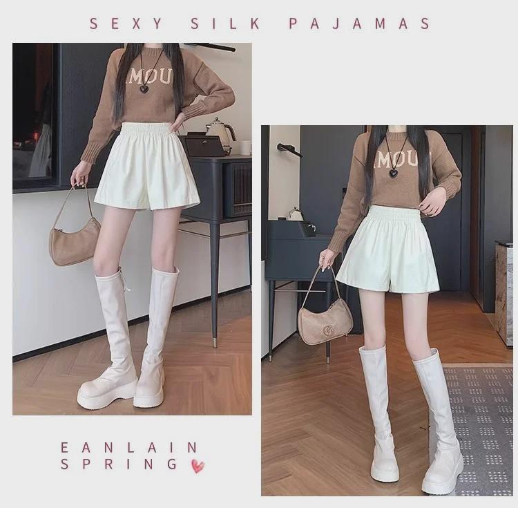 Women's High-Waist A-Line PU Leather Shorts - Brown, Autumn/Winter 2023, Fashionable Slim Wide-Leg Design for Outerwear with Boots.