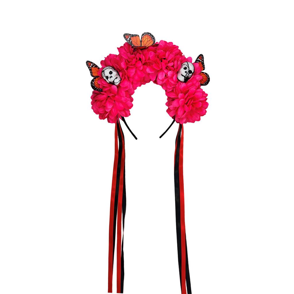 Reusable Practical Plastic Skull Headband And Simulated Floral Decors Costume Headband For Halloween Theme Parties