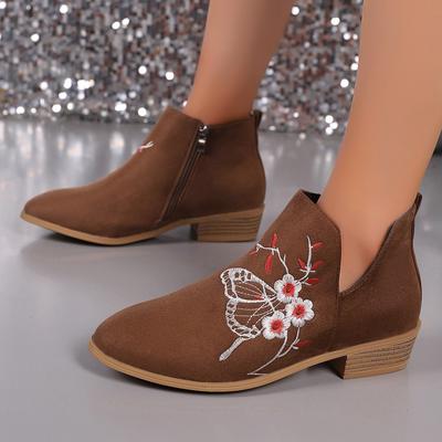 Embroidered Women's Boots Fall/Winter 2025 New Plus Size Round Toe Thick Heel Side Zipper Fashion Martin Boots