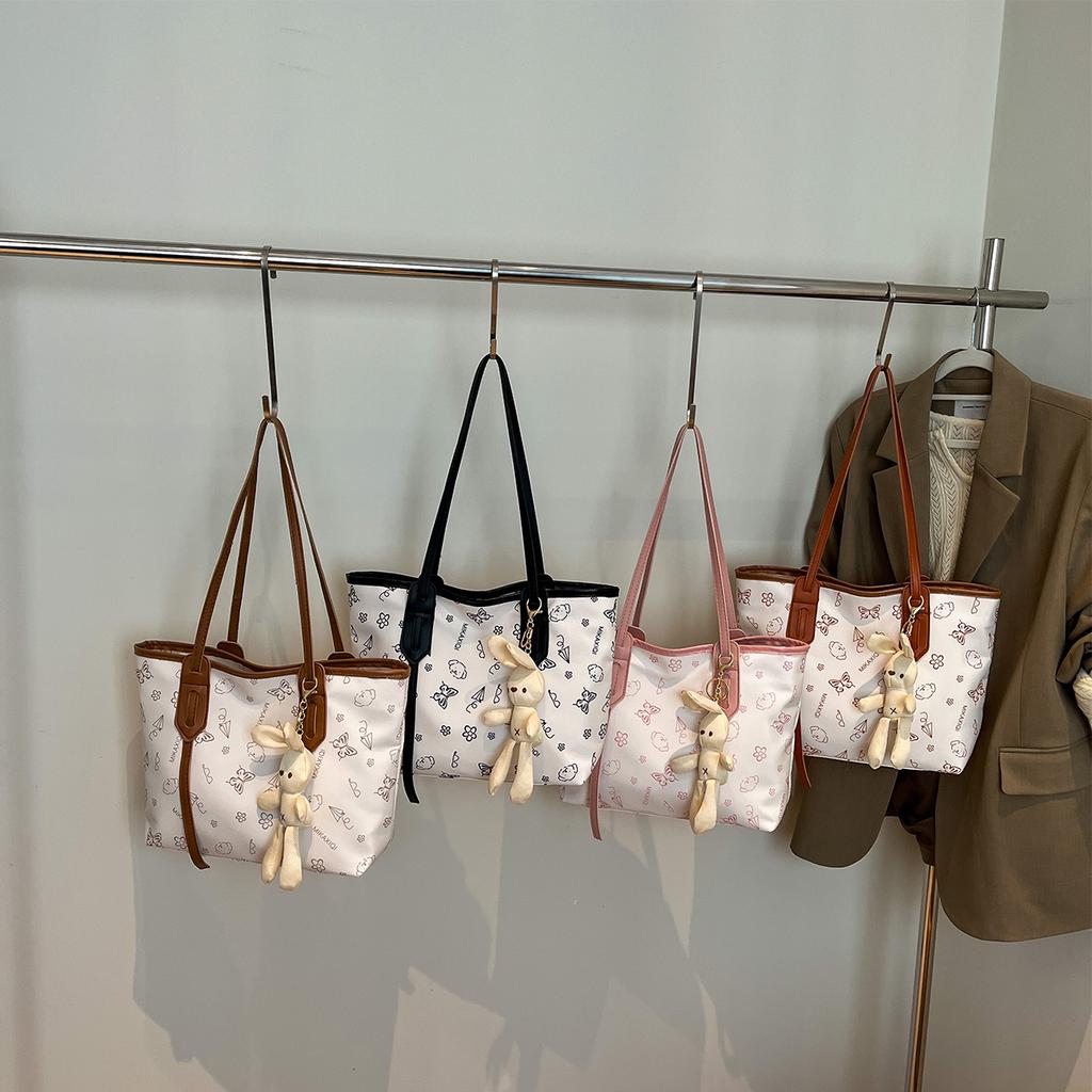 Women's Cute Rabbit Pendant Shoulder Bag PU Tote with Cartoon Print & Zipper for Daily Commute & Shopping Storage Bag