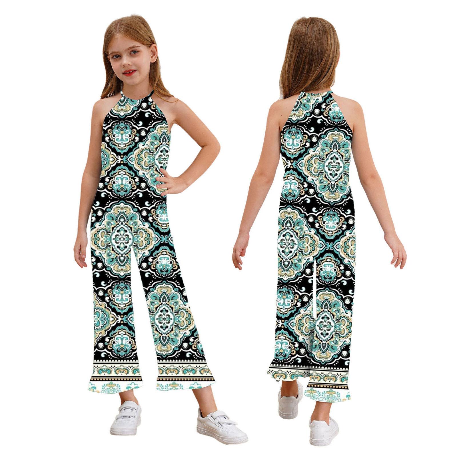 

Детский комбинезон без рукавов с цветочным принтом и широкими штанинами для девочек, цельный комбинезон в стиле бохо с поясом, летний сарафан, комбинезон 7-8 Years чёрный