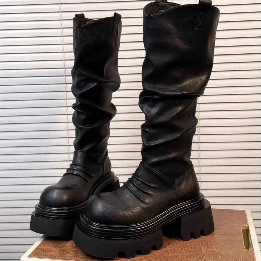Korean Goods Thick-soled V-mouth Folds Piled High Boots Women Look Thin But Knee Long Boots Increase Height 7cm Big-headed Knight Boots