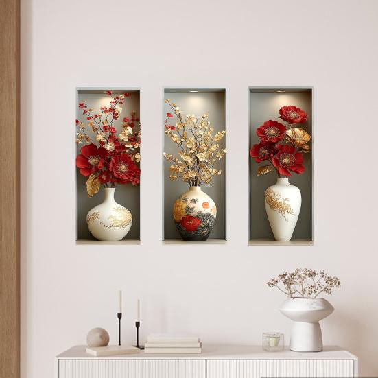 3 Sheets 3D Flower Vase Wall Stickers Faux Floral Wall Decals Peel And Stick Wall Art Mural for Living Room Bedroom Office Home Decor