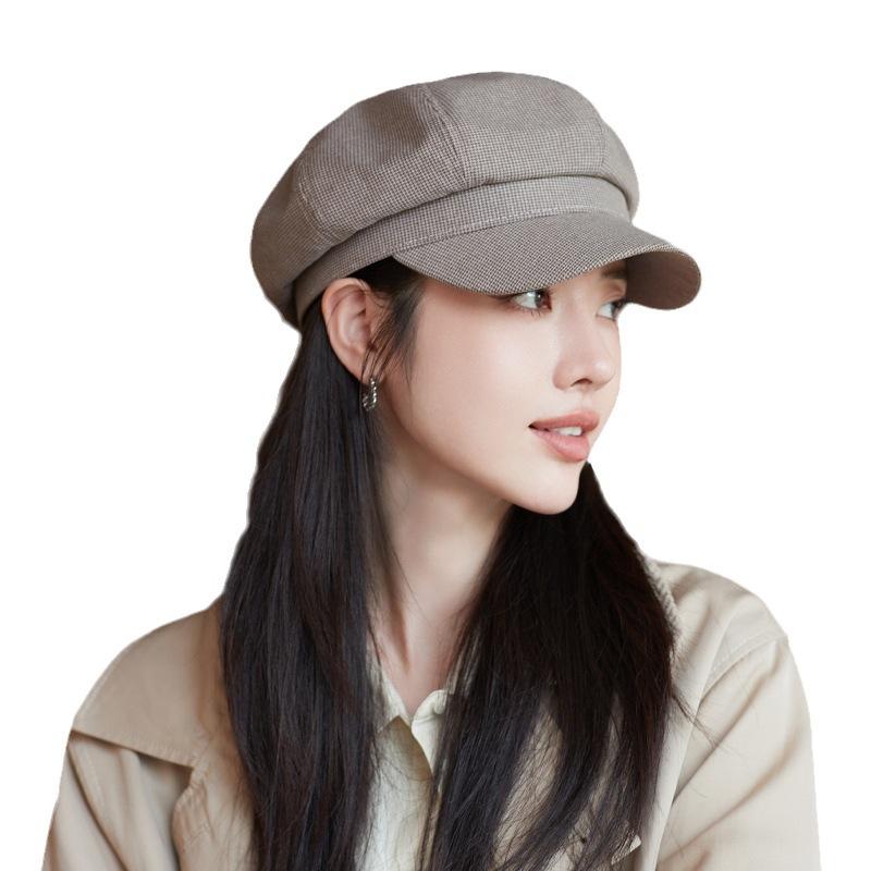 Autumn and Winter Hat Women's Metal Label Thousand Bird Grid Octagonal Hat Winter Warm Literary Retro Newsboy Hat New