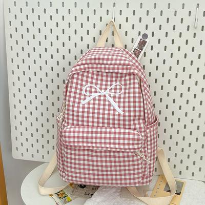 Cute Bowknot Plaid School Backpack Lightweight School Bag Nylon Student Rucksack for Girls Women High School College Work