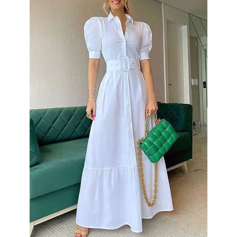 Cross-Border Stripe European and American Elegant Long Bubble Short sleeve Patchwork Fishtail Big Hemline Jumpsuit Long dress With Belt Dress