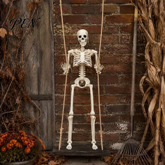 Durable Sunlight Resistant Prop Halloween Swinging Skeleton Decoration, 35" Large Spooky Hanging with Festival Window Wooden Swing for Yard,